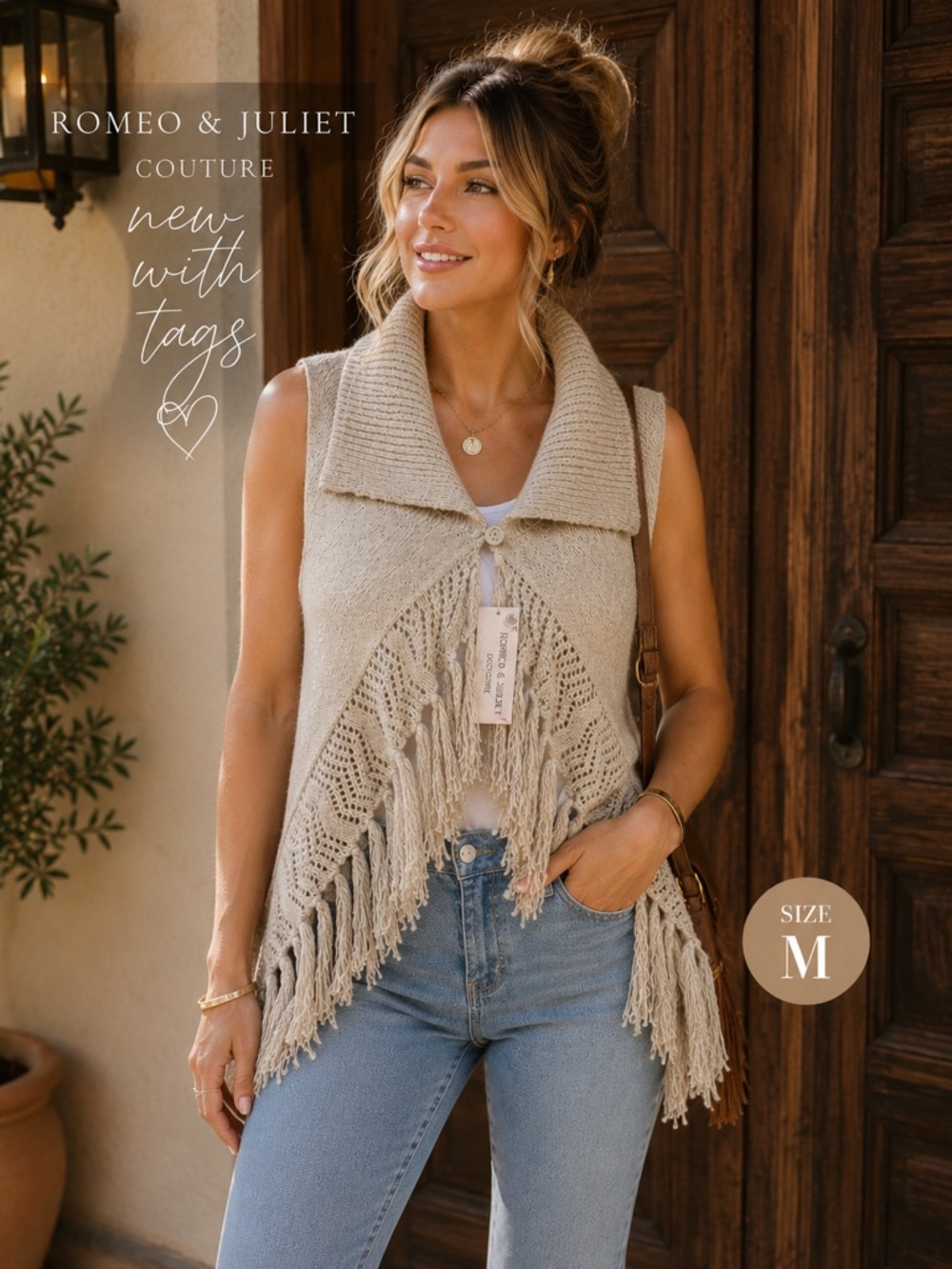 Romeo‎ & Juliet Beige Fringe Sweater Poncho Vest Shawl Boho Cozy Knit NWT Medium